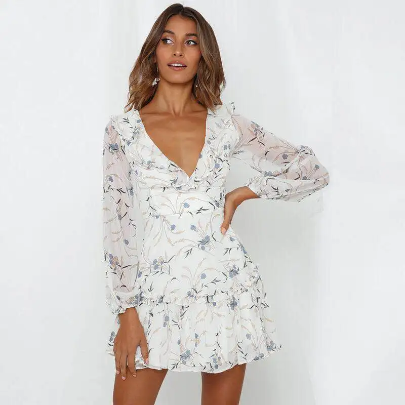 Women Frill Floral Printed Floral Chiffon Dresses Bohemian Style Women Dresses Casual Summer Ladies Dresses