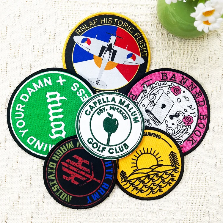 Custom Wholesale Design Hat Iron on Backing Hot Cut Border Full Embroidery Woven Fabric Cloth Patches Badges
