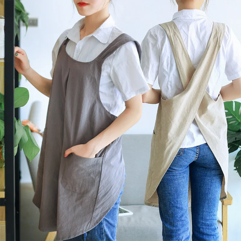 Simplicity Japanese Korean Style Custom Logo Solid Color Linen Aprons Kitchen Cotton Apron with Pockets for Flower Coffee Shops