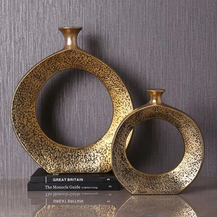 Europe Nordic Round Hollow Gold Decorative Vases Centerpiece Tabletop Small Mouth Gold Circular Ceramic Flower Vase