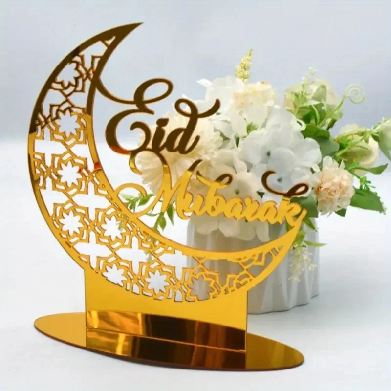 Acrylic Golden Ramadan Eid Mubarak Sculpture Moon Shape Table Desk Decoration Centerpiece Laser Cut Luxury Decorative Products