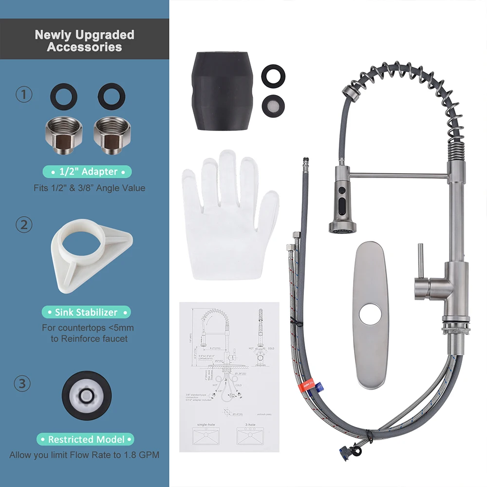 Stainless Steel Spring Kitchen Faucet Single Hole with Deck Plate Pull Out Kitchen Sink Mixer Tap