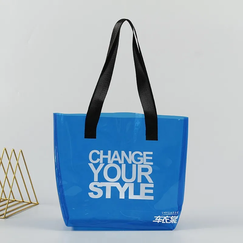 2022 Fashion Custom Women Travel Waterproof Beach Bag Clear shopping Bag Transparent PVC Plastic Bag With Black Strap