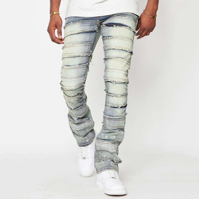 Men Patch Washed stacked denim Slim Ripped Pants mens loose fitting long super flare baggy stacked jeans pants detressed blank