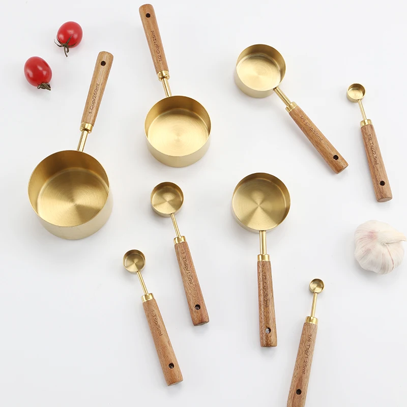 8pcs measuring cups and spoons set of acacia wood handle with vacuum plating