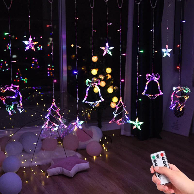 LED Elk Moon Star String Curtain Fairy Lights For Christmas Home Garland New Year Decor Xmas Tree Ornament Gift Decoration