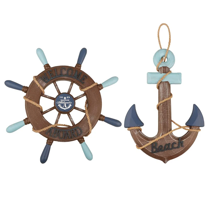 Mediterranean Home Wall Art Decor Door Hanging Sign Nautical Beach Wooden Boat Steering Wheel Ship Anchor with Rope 2pcs Set ZHE