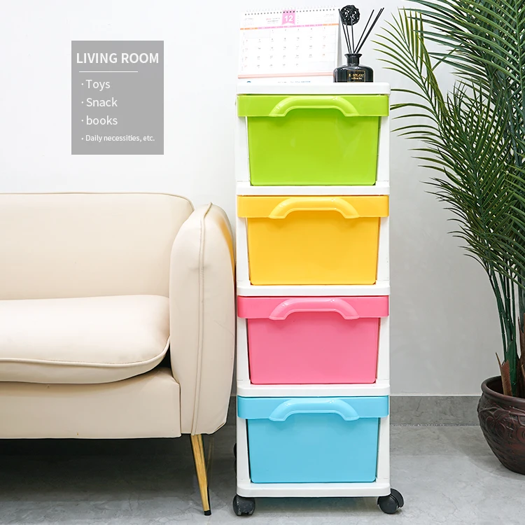 Home Living Room Bedroom Candy Colored 4 Layer Plastic Storage Drawer Cabinet Baby Kid Plastic Storage Box Drawer With Wheels