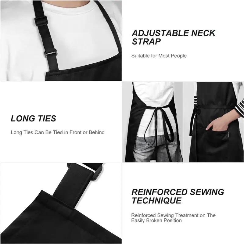 Custom Logo Women Men Unisex Cotton Polyester Waterproof Black Chef Kitchen Apron Restaurants Cooking Aprons