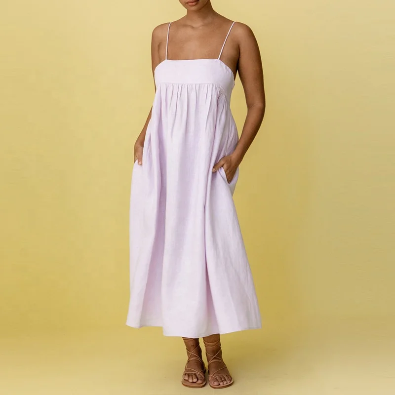 Women linen dress square neckline 100% Linen Invisible zipper at centre back with hook & eye fastening midi dress