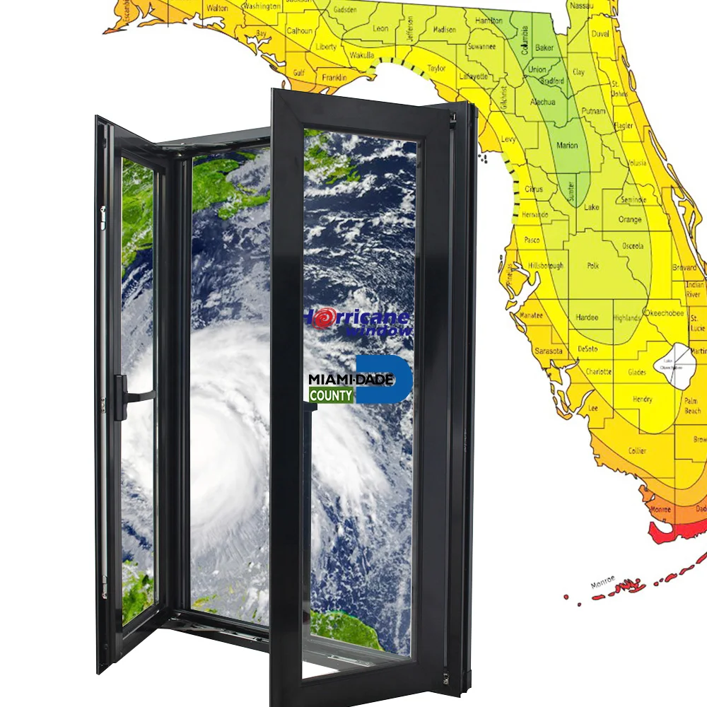 Customized Aluminum Hurricane Impact Insulation Laminated triple glazed casement window with fixed panels for villa