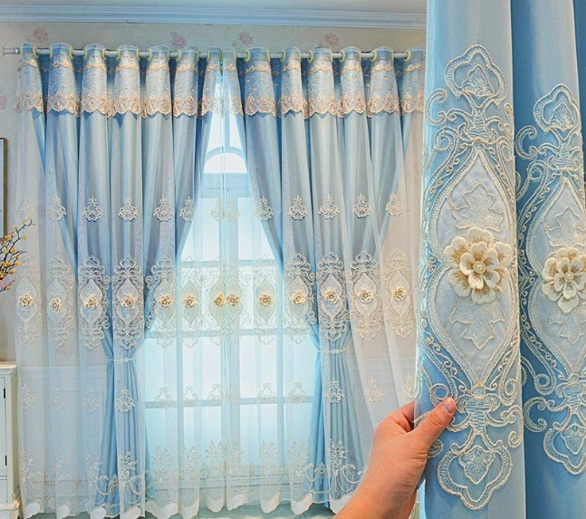 Thickened curtains double layer embroidered cloth yarn integrated Nordic simple blackout living room