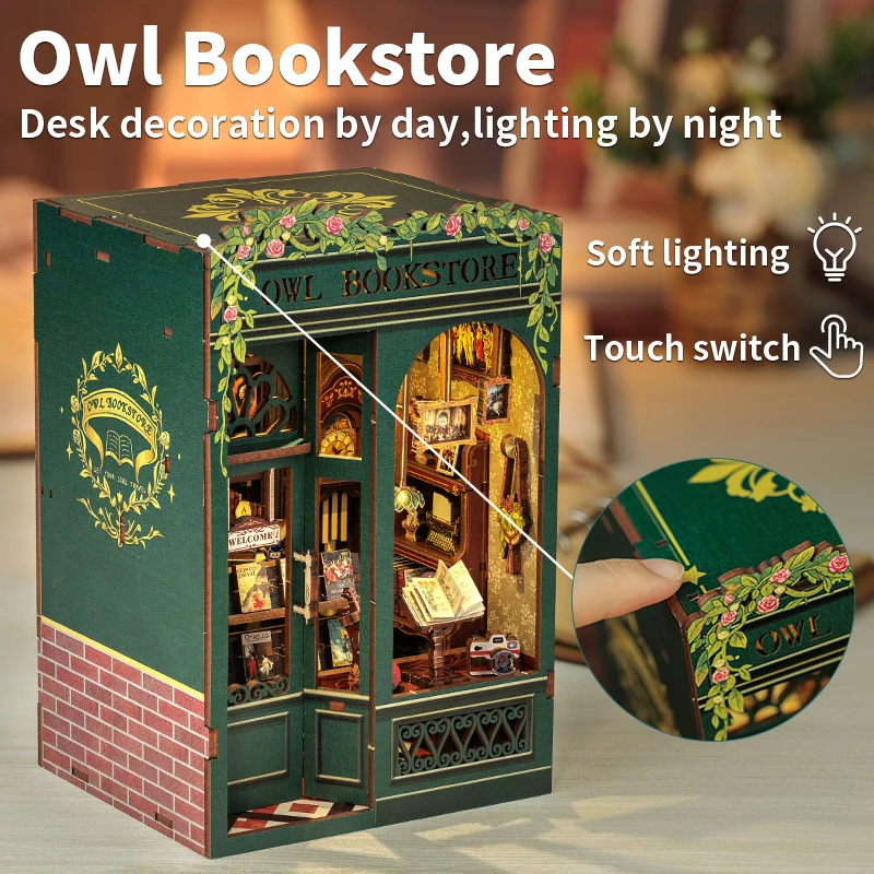 CuteBee New Style Mini Dollhouse Owl bookstore 3D Wooden Puzzle Use as Gifts Book Nook Kit Use as Gifts