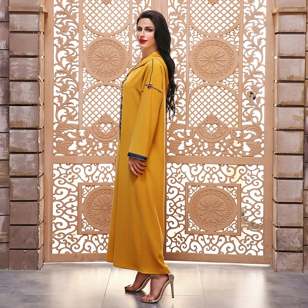 Women Moroccan  Hooded Dress Handwork Diamonds Ribbon Braid Ethnic Arabic Jellaba Dubai Saudi Family Gather Party