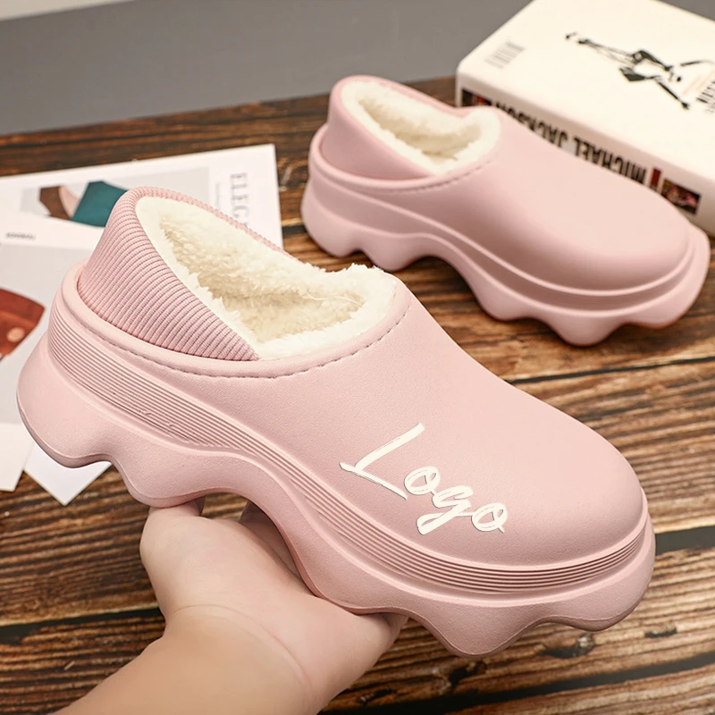 Custom Logo Fur Indoor Home Outdoor Plush Warm Ladies Flat Eva Waterproof Sandals Shoes Cotton Slippers Winter Women Men