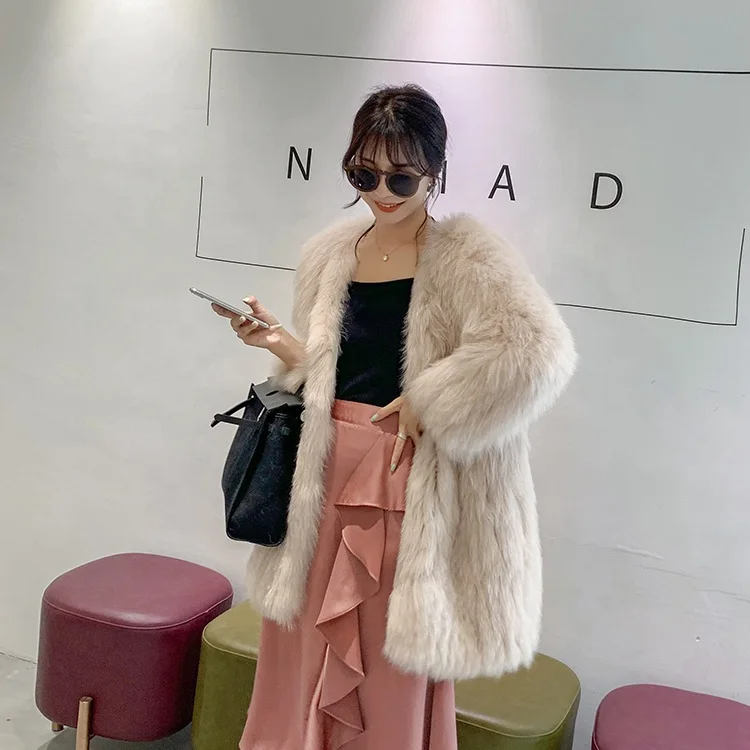 YR1096 New Arrival Plus Size Coats Women Winter Fluffy Knitted Jacket Natural Real White Fox Fur Coat