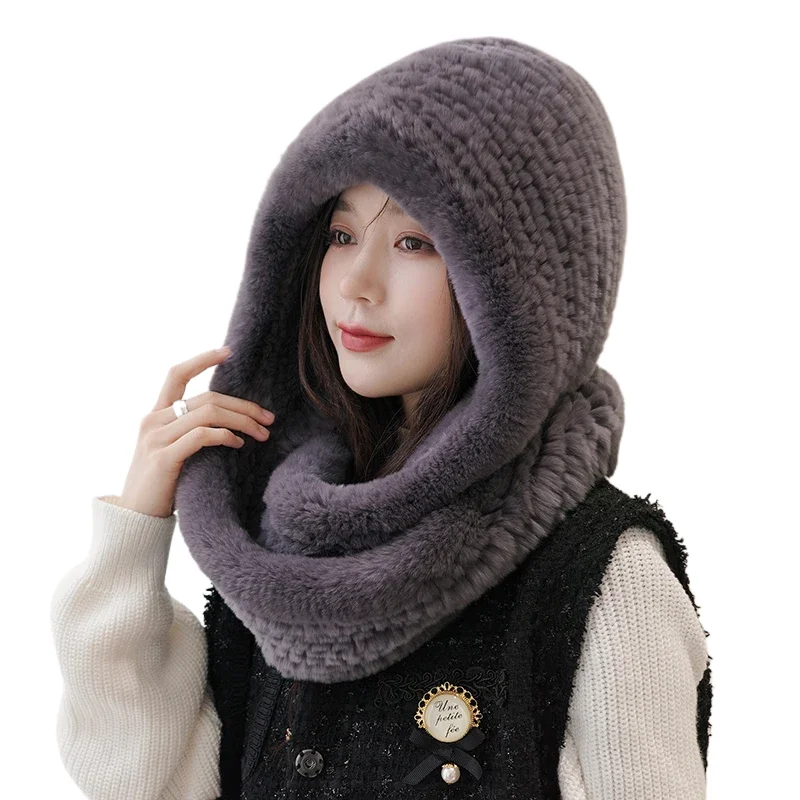 ZDFURS * 2021 new Women Real Knitted Rex Rabbit Fur Hat Hooded Scarf Long Winter Warm Fur Hat With Neck Collar Scarves hat scarf