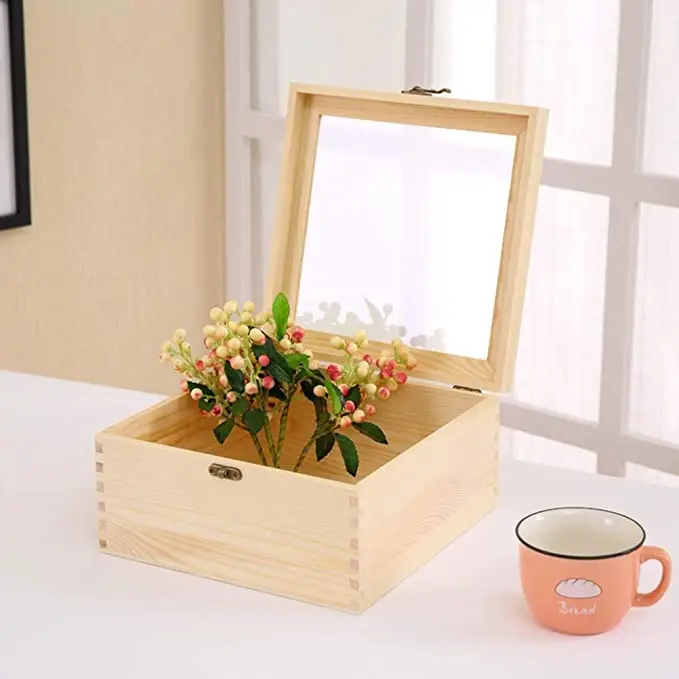 Glass Lid Wooden Gift Box Storage Box Flower Packaging Box
