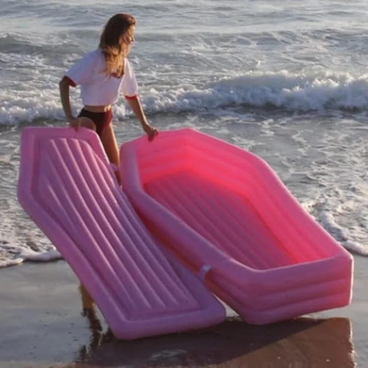 Cross Border New Inflatable Pink Coffin Floating Row Pompom Coffin Floating Bed for Water Party Lid Floating Row Ride-Ons