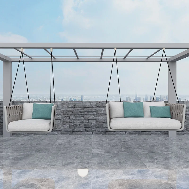 Indoor/Outdoor Double Cradle Chair Blue Rattan Swing Furniture for Balcony Patio Garden or Home Metal Construction