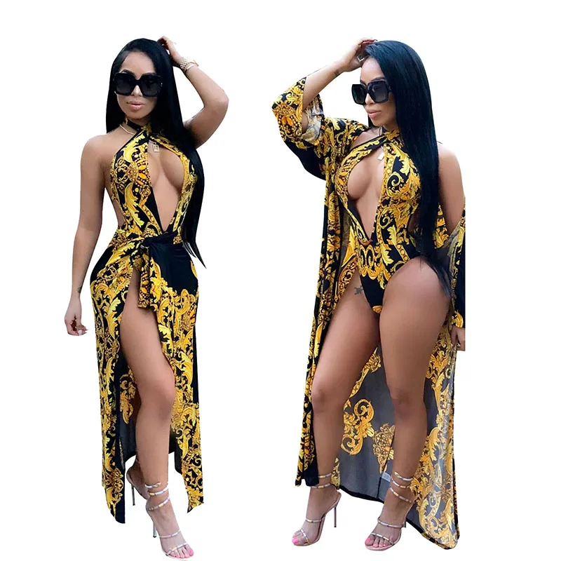 Sexy Bodysuits two pieces set women print long sleeve X-long cloak and deep o-neck bodysuit 2pcs beach tracksuit outfit