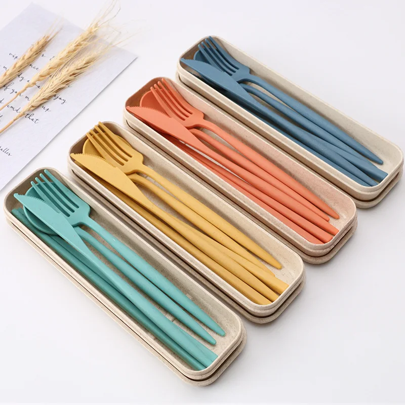 4 Pcs Sets Portable Wheat Straw Cutlery,Spoon Knife Fork Chopsticks Tableware Set for Kids Adult Travel Picnic Camping