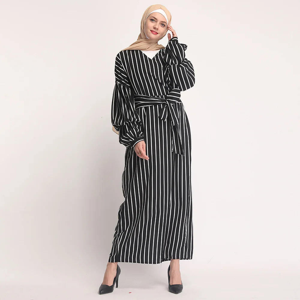 Мусульманское Полосатое платье на шнуровке с пышными рукавами, длинное платье с эластичными манжетами, Полосатое Платье на шнуровке