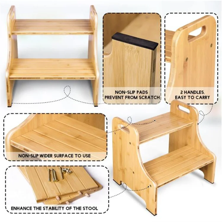 Multi-Purpose Bamboo 2 Step Stool Bamboo Kids Toddler Stepping Stool Wooden Bed Step Stool