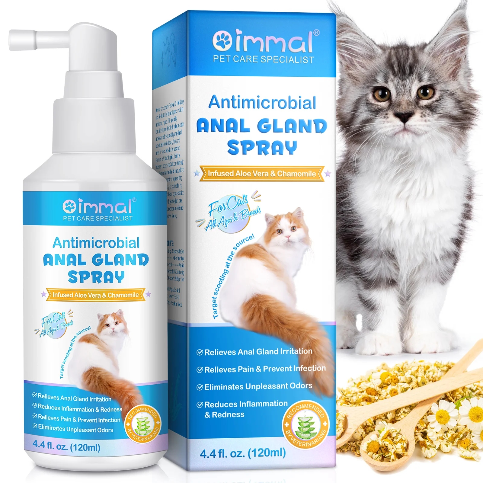OIMMAI reduces inflammation redness eliminates unpleasant odors 120ml aloe vera chamomile antimicrobial cat anal gland spray