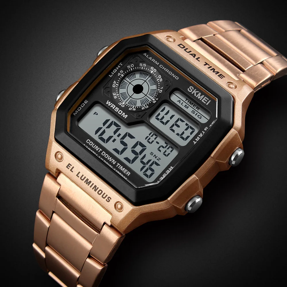 Hot Sale Skmei 1335 Japan Movt Reloj Digital Gold Wrist Watch Stainless Steel Waterproof Men Wristwatch