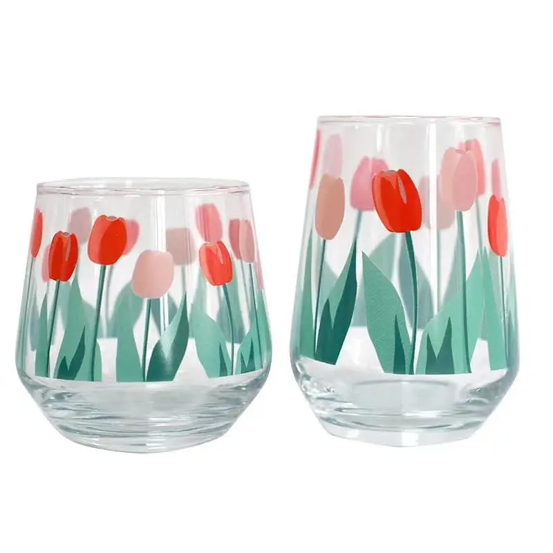 
Korea ins girl heart hand-painted tulip coffee glass water cup milk juice glass water cups 