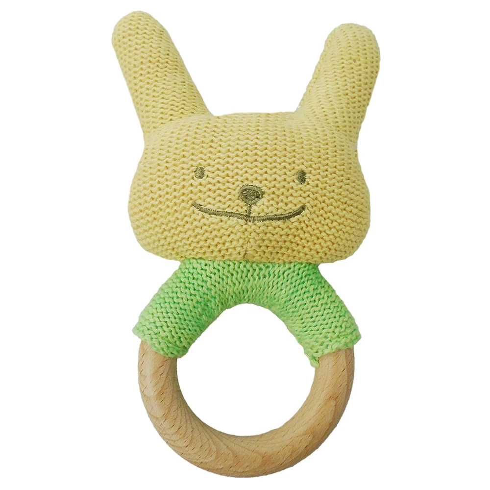 Cotton knitted stuffed bunny rattle toy with wooden ring