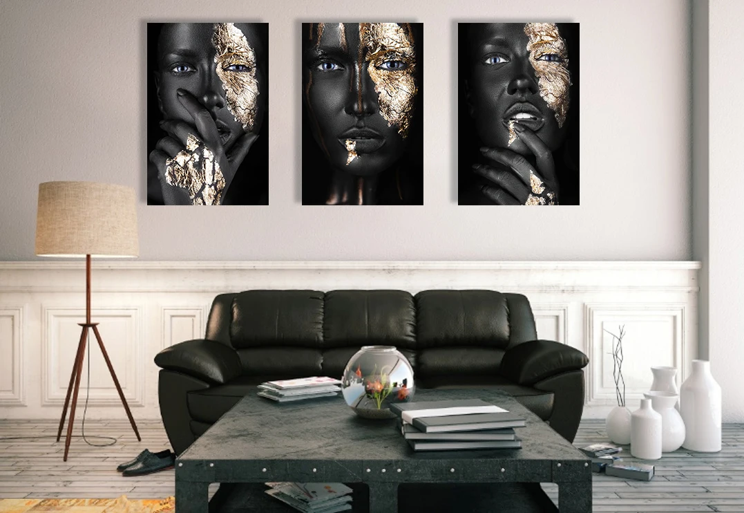 
African Art Black and Gold Woman Print Paintings For Home Decor Canvas Oil Painting Poster 