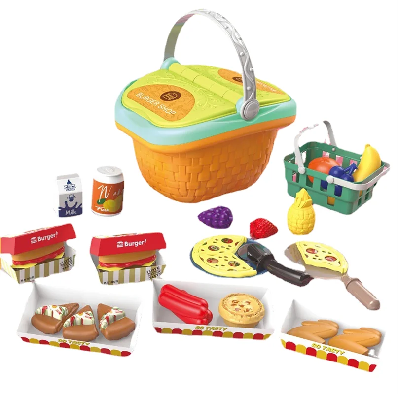 Zhiqu New Children Simulation Kitchen Tableware Food Dessert Barbecue Pizza Set Family Picnic Basket Toy