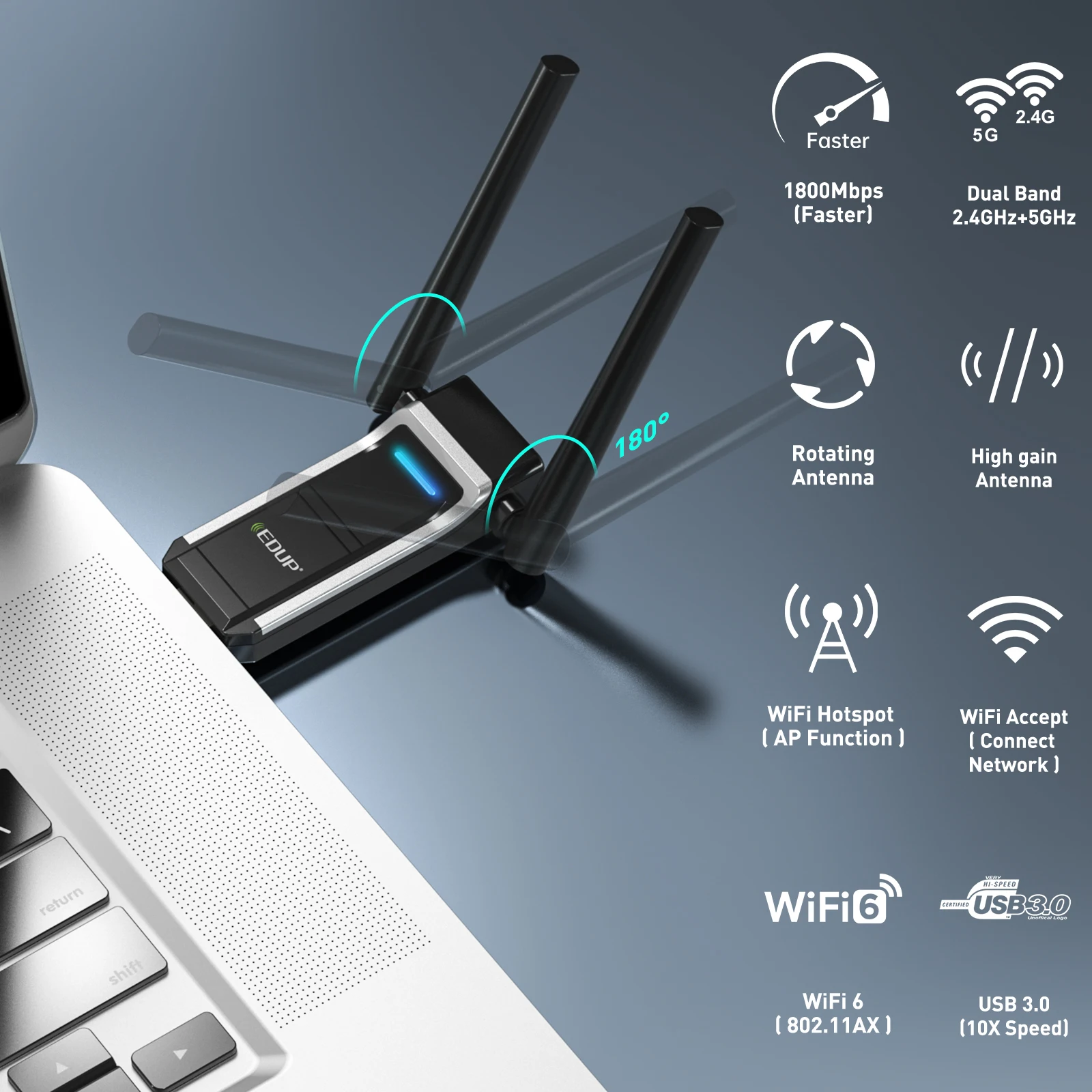 AX1800M USB WiFi 6 Adapter 802.11ax for PC, USB 3.0 WiFi Dongle Dual Band High Gain Dual Antennas Wireless Network Adapter