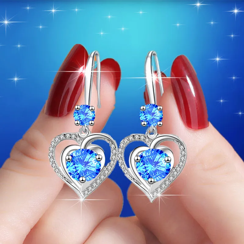 Fashion Exquisite Zircon Jewelry Set  Heart Birthstone Necklace And Earring  Accessory Set For Women Ladies