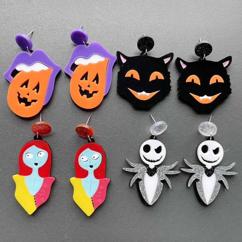 Halloween Black Ghost Doll Mr. Skeleton Mouth Pumpkin Lips Tongue Stud Earrings