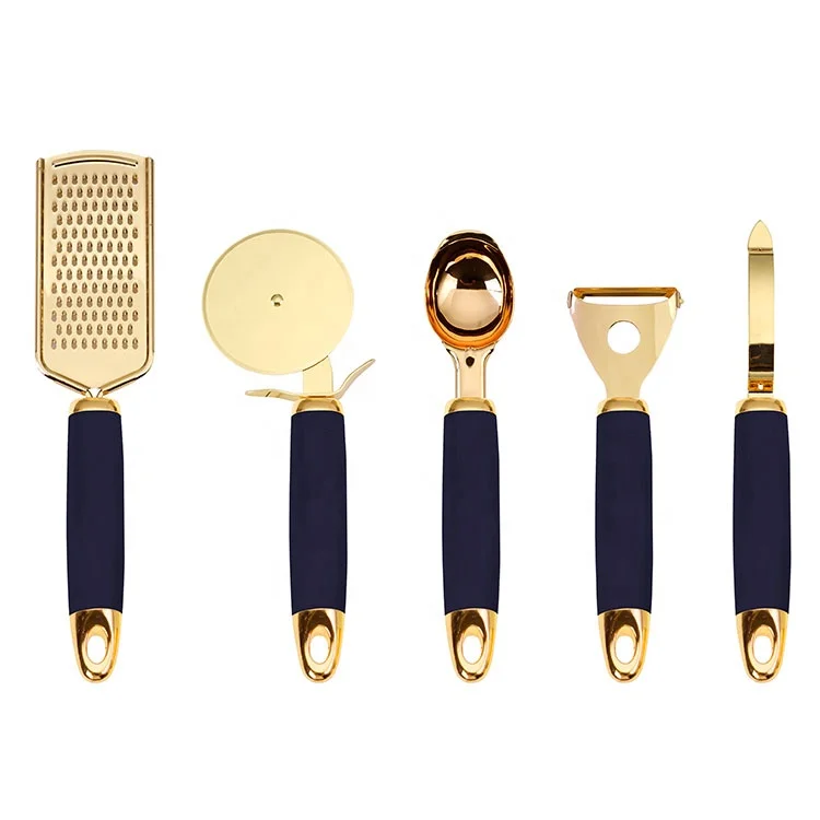
kitchen flat kitchenware accessories, 5 pcs in one set, Ginger Grater,Peeler,Ice Cream Spoon & Pizza cutter, golden style, hot! 