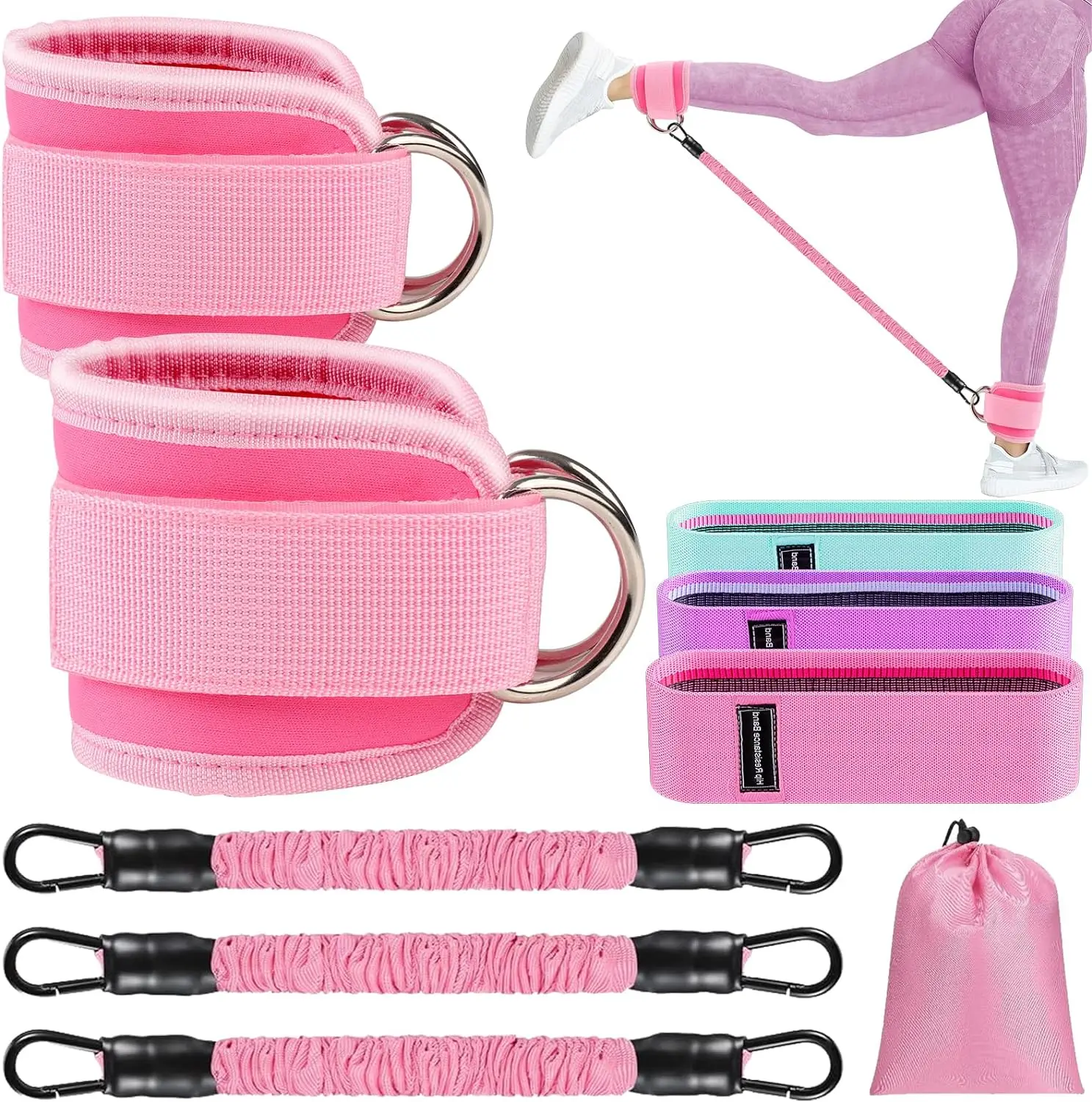 KUERBODY 9-Pcs Ankle Resistance Bands Set Custom Logo Barbell Squat Protection Pad Bodybuilding Belt Hip Thrusts Equipment