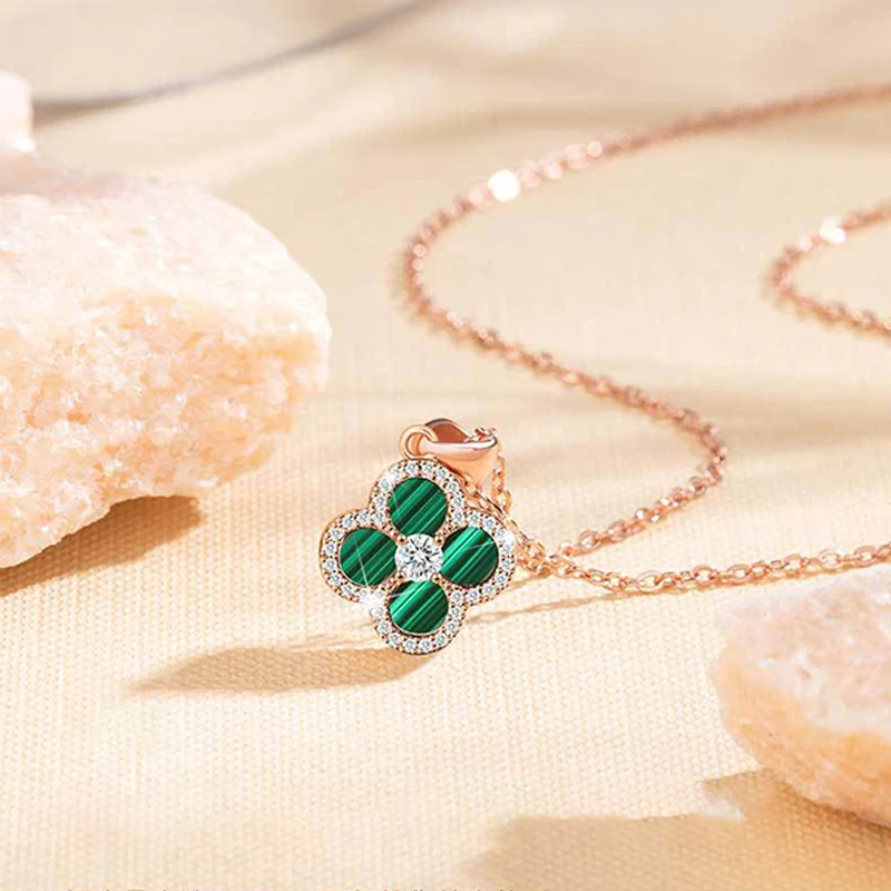 VANA Designer Four Leaf Clover Pearl Moissanite Green Malachite White Zircon Jewellery Pure Silver Necklace Earrings Jewelry Set