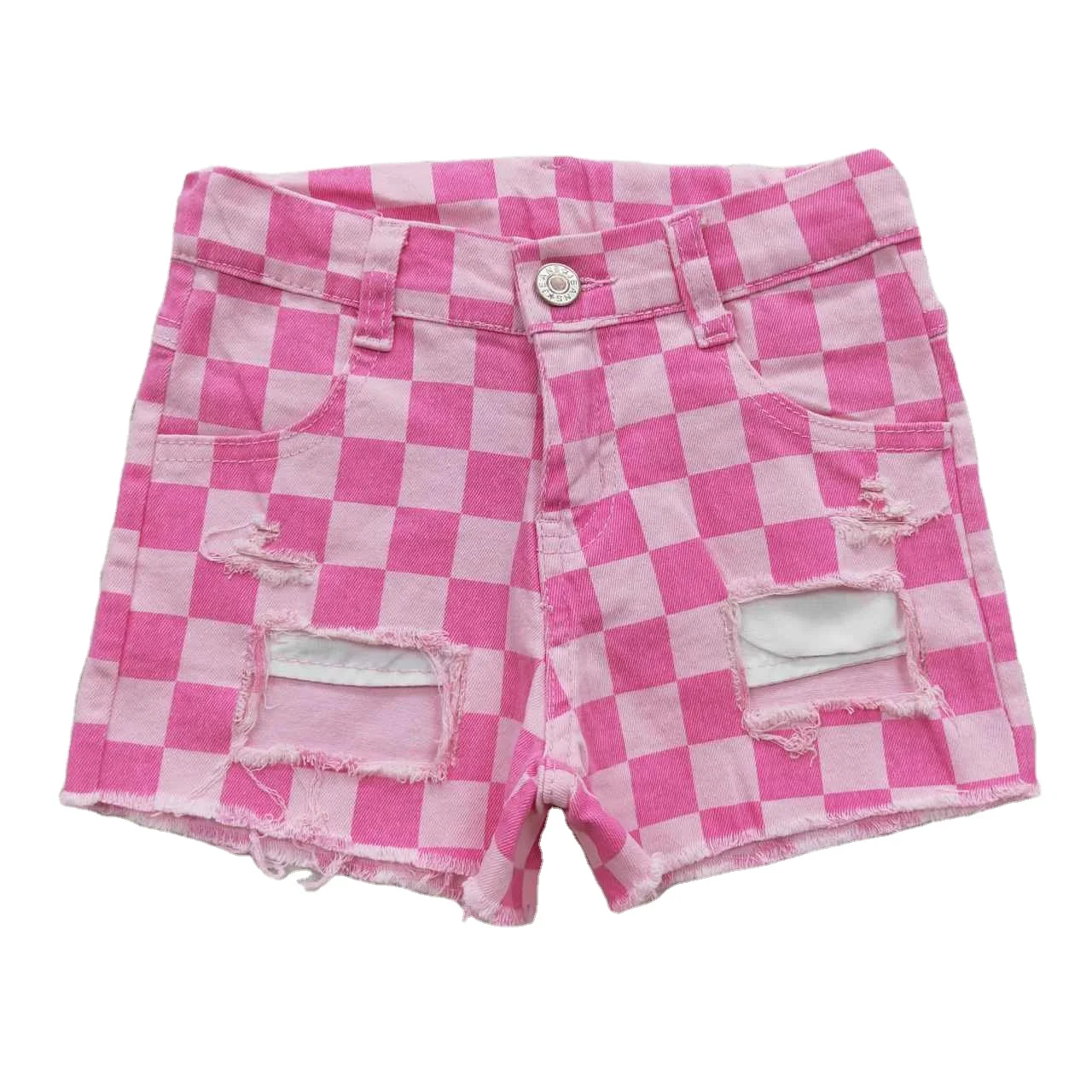 Factory direct sale RTS little kids ripped jeans baby pink checkered pants children summer denim shorts