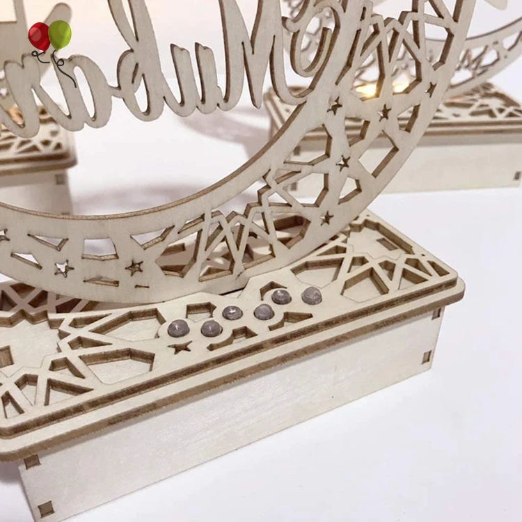 Wooden Ramadan Eid Mubarak Moon Star Islam Hanging Pendant Plate with LED String Lights Eid Mubarak Wooden Ornaments KD750