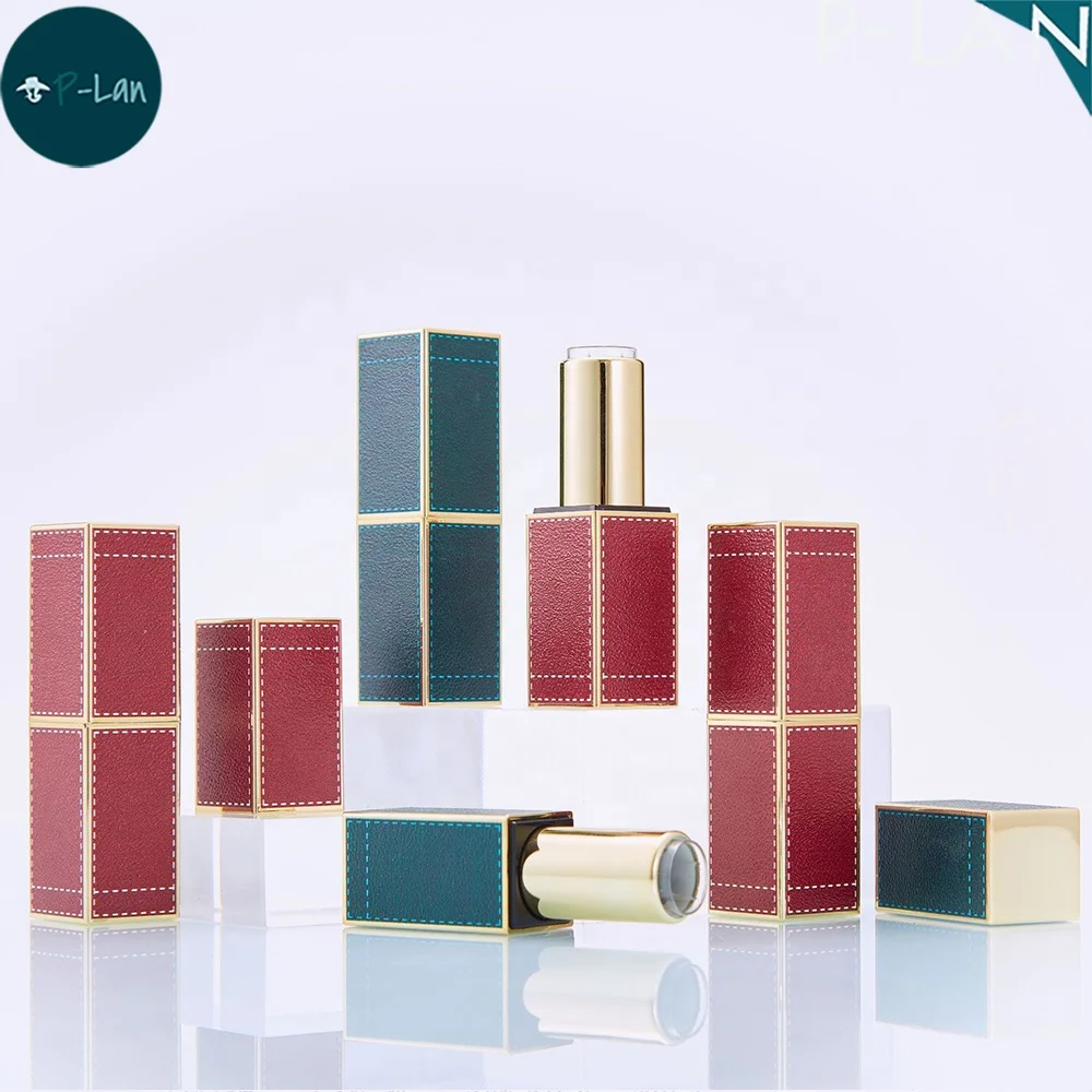 P-Lan Stock High Quality 3D Leather Printed D12.1MM Lipstick Tube Custom Logo Red Orange Green Empty Magnet Lipstick Container