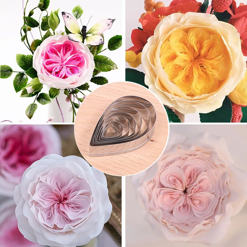 Food Grade 7 Pieces Set Baking Mold Tools Big Austin Rose Stainless Steel Flower Cookies Cutters for Kids Baking