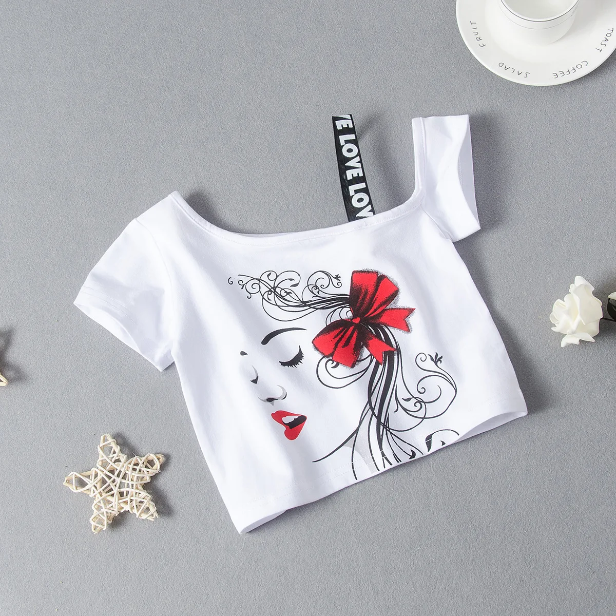 New summer girls clothes set fashion slanted shoulder strap cartoon t-shirt skirt Girls Clothing Set