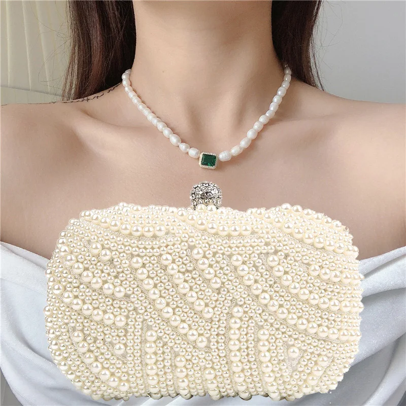 Handmade Luxury Pearl Clutch bags Women Purse Diamond Chain white Evening Bags for Party Wedding