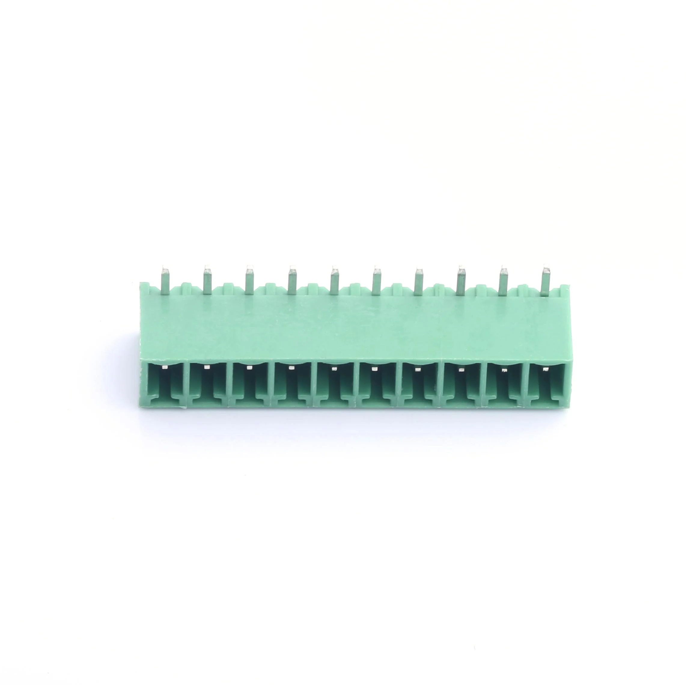 PCB pluggable plug in right angle bent pin green 3.81mm pitch 10 pin 300V 8A screwless female plastic terminal block connector
