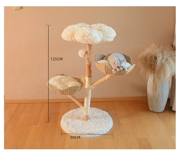 Kinghon OEM Natural Wood House Luxury Cat Climbing Frame With Rattan Woven Bed And Sisal Rope Cat Scratching Posts Cat Tree