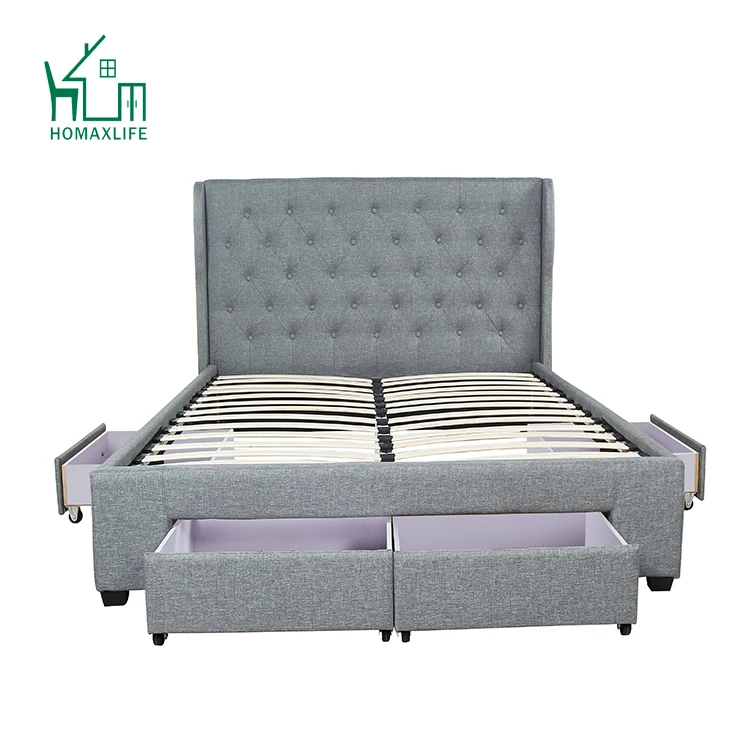 Free Sample Metal Upholstered Sizes Double Bed Frame with Storage and Velvet Headboard