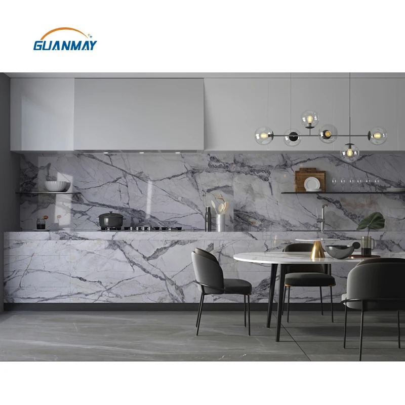 Guanmay Artificial Sintered Stone Marble Look Glossy Sintered Stone For Kitchen Countertop